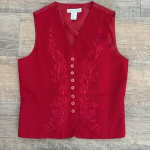 Vintage Stephanie Andrews 100% Wool Embroidered Vest in Crimson Red